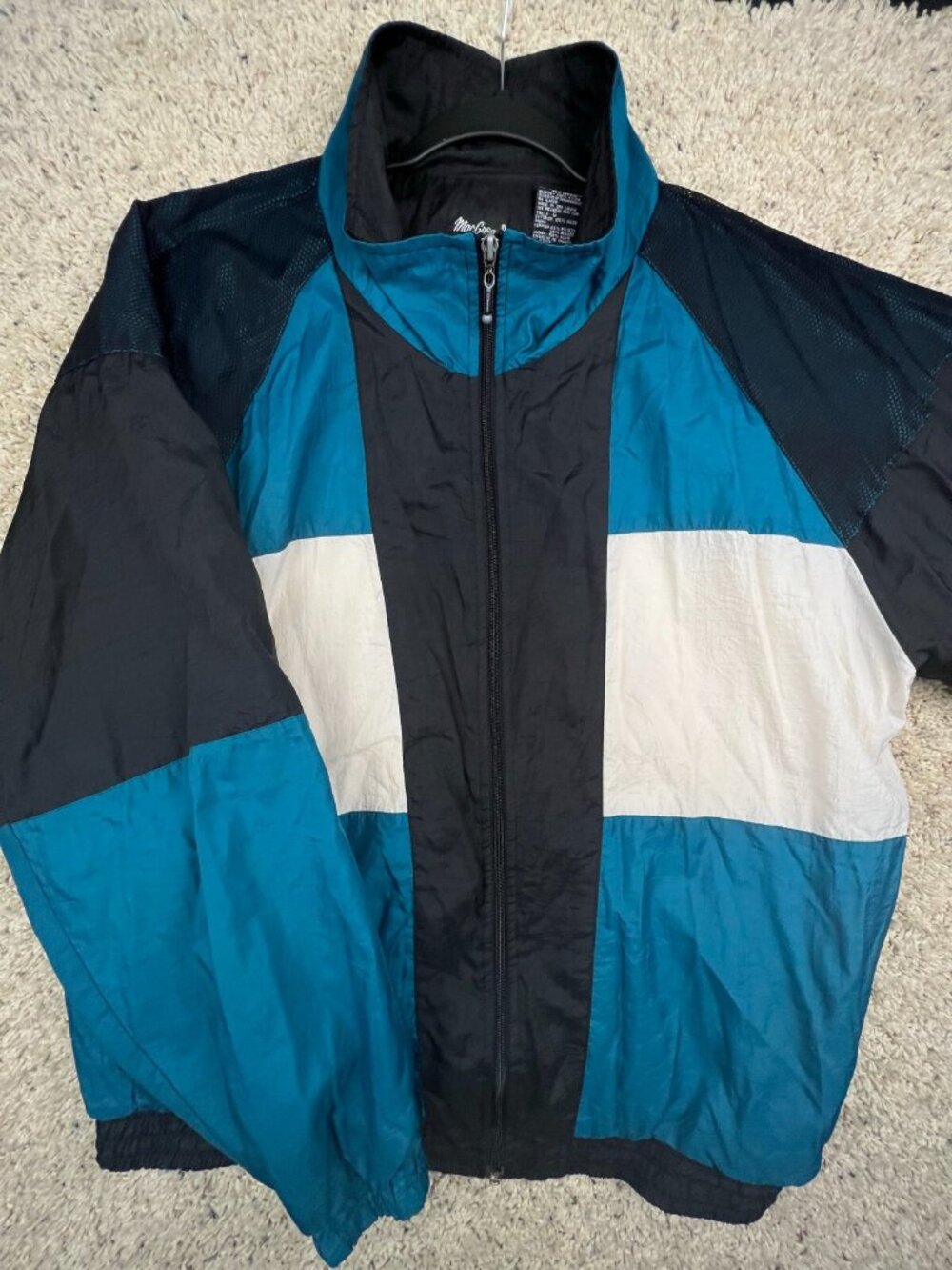 VTG Macgregor Sz L Color Block Track Windbreaker Jacket Black White Blue Zip Up